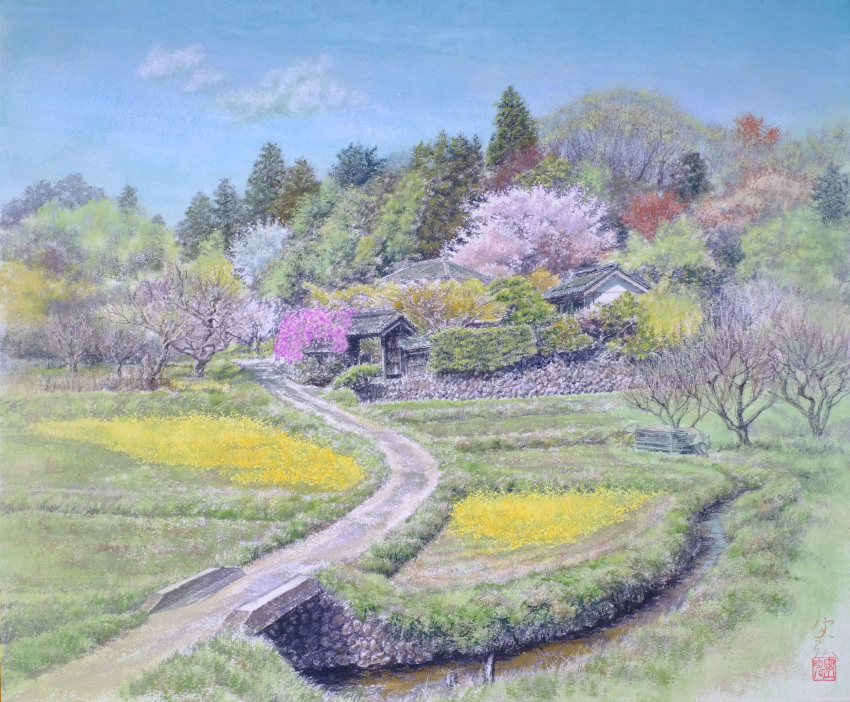 0zolvut2323nyus absurdres bare_tree bridge building bush cherry_blossoms garden grass hedge highres no_humans original painting_(medium) path pine_tree plant scenery stone_wall traditional_media tree watercolor_(medium)