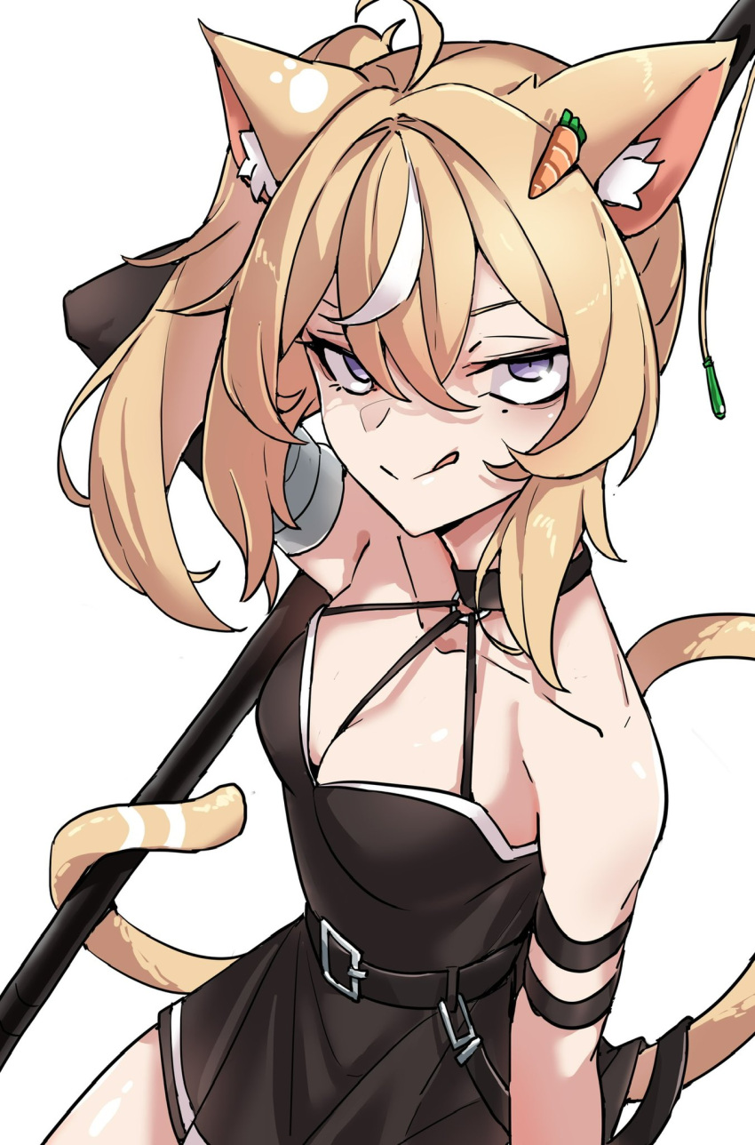 1girl animal_ears bidortw black_choker black_dress blonde_hair breasts carrot_hair_ornament cat_ears cat_girl cat_tail chinese_commentary choker cleavage commentary_request cosplay dress food-themed_hair_ornament hair_between_eyes hair_ornament highres hinamori_rabi holding holding_staff medium_breasts purple_eyes second-party_source short_dress side_ponytail silvalive solo sousou_no_frieren staff tail tongue tongue_out ubel_(sousou_no_frieren) ubel_(sousou_no_frieren)_(cosplay)