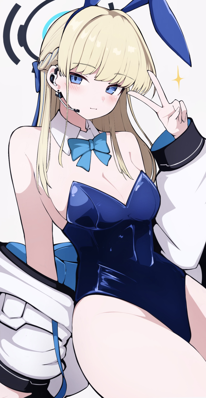 1girl animal_ears blonde_hair blue_archive blue_bow blue_bowtie blue_eyes blue_hair blue_halo blue_leotard blush bow bowtie breasts cleavage closed_mouth detached_collar fake_animal_ears grey_background halo headset highres jacket leotard long_hair looking_at_viewer medium_breasts multicolored_hair official_alternate_costume playboy_bunny rabbit_ears simple_background solo thighs toki_(blue_archive) toki_(bunny)_(blue_archive) two-tone_hair v white_jacket yun_(kbdenz9)