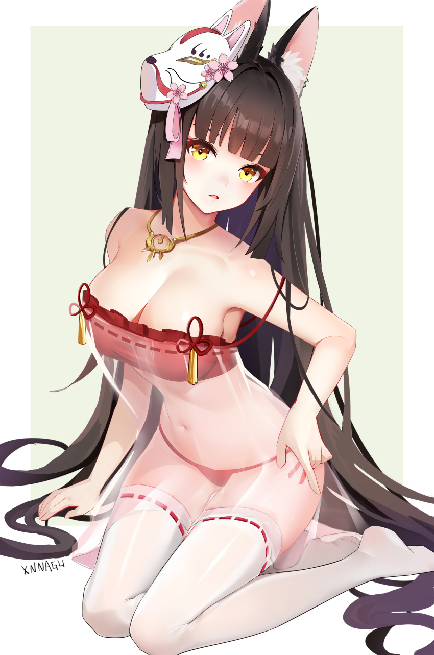 1girl absurdres animal_ear_fluff animal_ears artist_name azur_lane blunt_bangs bra breasts brown_hair camisole cleavage fox_ears fox_girl fox_mask frilled_camisole frills full_body green_eyes highres kneeling long_hair looking_at_viewer mask mask_on_head medium_breasts nagato_(azur_lane) nagato_(great_fox's_respite)_(azur_lane) no_shoes official_alternate_costume panties red_bra red_camisole red_panties ribbon-trimmed_thighhighs ribbon_trim see-through_camisole strap_slip string_panties thighhighs underwear white_thighhighs xnnagu