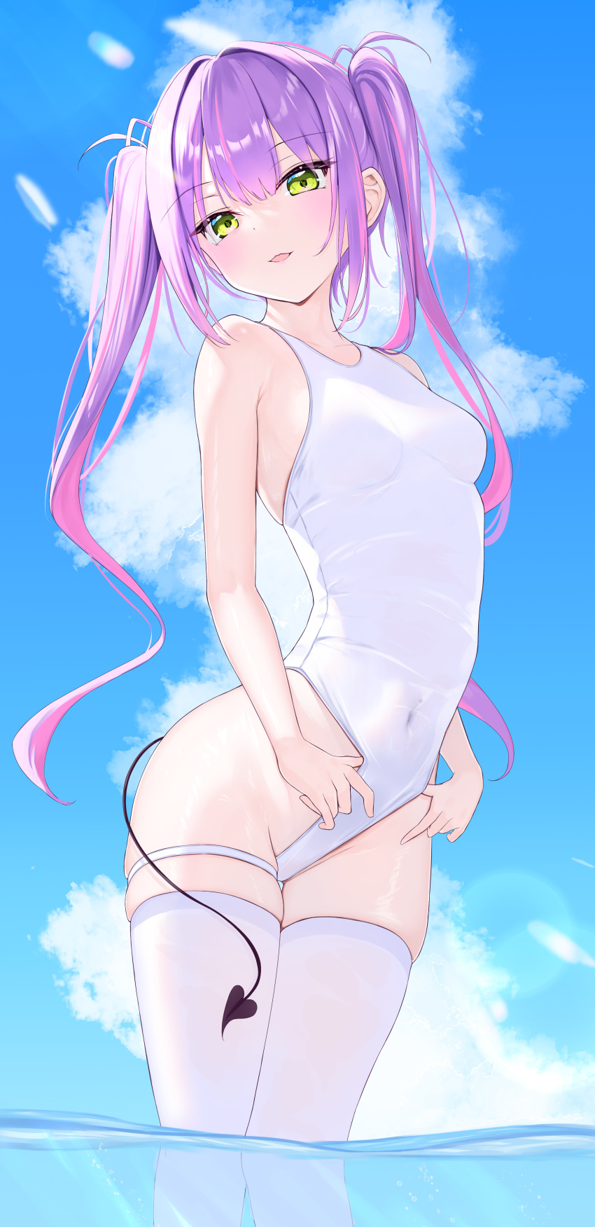 1girl absurdres bare_shoulders blush breasts colored_inner_hair covered_navel day demon_tail green_eyes highres hololive long_hair looking_at_viewer multicolored_hair one-piece_swimsuit open_mouth outdoors pink_hair purple_hair red_o7 small_breasts smile solo streaked_hair swimsuit tail thighhighs thighs tokoyami_towa virtual_youtuber white_one-piece_swimsuit white_thighhighs