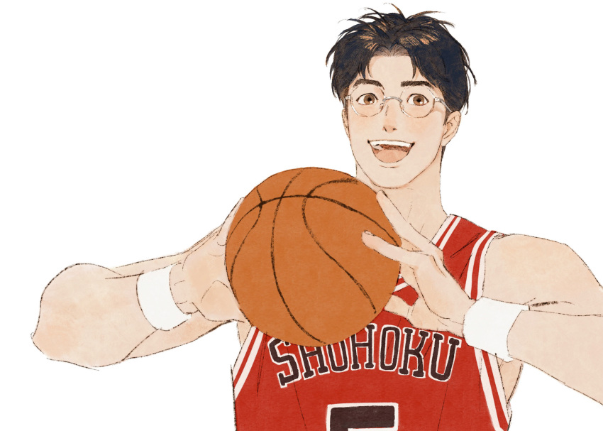 1boy absurdres ball basketball_(object) basketball_uniform brown_eyes brown_hair chengongzi123 glasses hands_up highres holding holding_ball jersey kogure_kiminobu looking_at_viewer male_focus open_mouth rimless_eyewear short_hair simple_background slam_dunk_(series) sportswear upper_body very_short_hair white_background