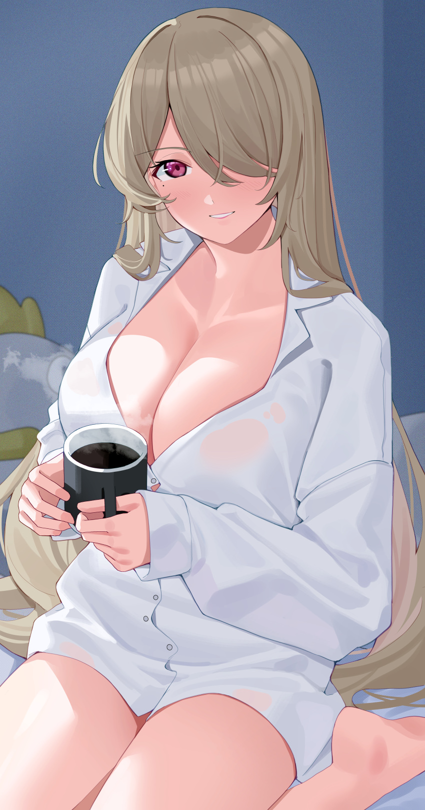 1girl absurdres barefoot breasts cleavage commentary_request cup grey_hair grin haerge hair_over_one_eye highres holding holding_cup honkai_(series) honkai_impact_3rd indoors large_breasts long_hair long_sleeves looking_at_viewer mug no_pants purple_eyes rita_rossweisse shirt sitting smile solo thighs very_long_hair wariza white_shirt