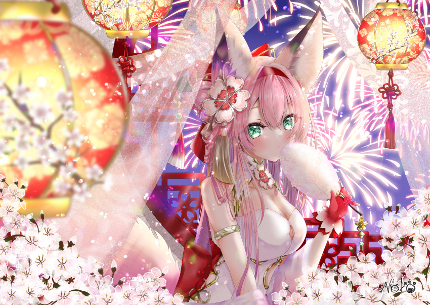 1girl absurdres animal_ears armlet azur_lane breasts china_dress chinese_clothes chinese_new_year cleavage cleavage_cutout clothing_cutout dress fireworks flower fox_ears fox_girl fox_tail gloves green_eyes hair_ornament hairband hanazuki_(azur_lane) hanazuki_(blossoming_spring_resplendent_moon)_(azur_lane) hand_fan hand_up highres holding holding_fan lantern looking_at_viewer nako_nya official_alternate_costume pink_gloves pink_hair pink_tail print_umbrella red_hairband sleeveless sleeveless_dress tail umbrella upper_body