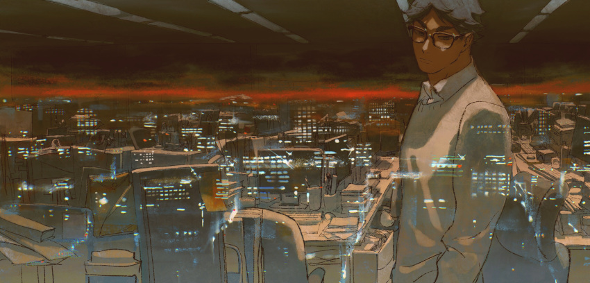 1boy absurdres akaashi_keiji black_hair chair chengongzi123 city cityscape closed_mouth collared_shirt glasses haikyuu!! highres indoors looking_at_viewer looking_outside male_focus office reflection shirt short_hair standing sunset sweater upper_body very_short_hair window