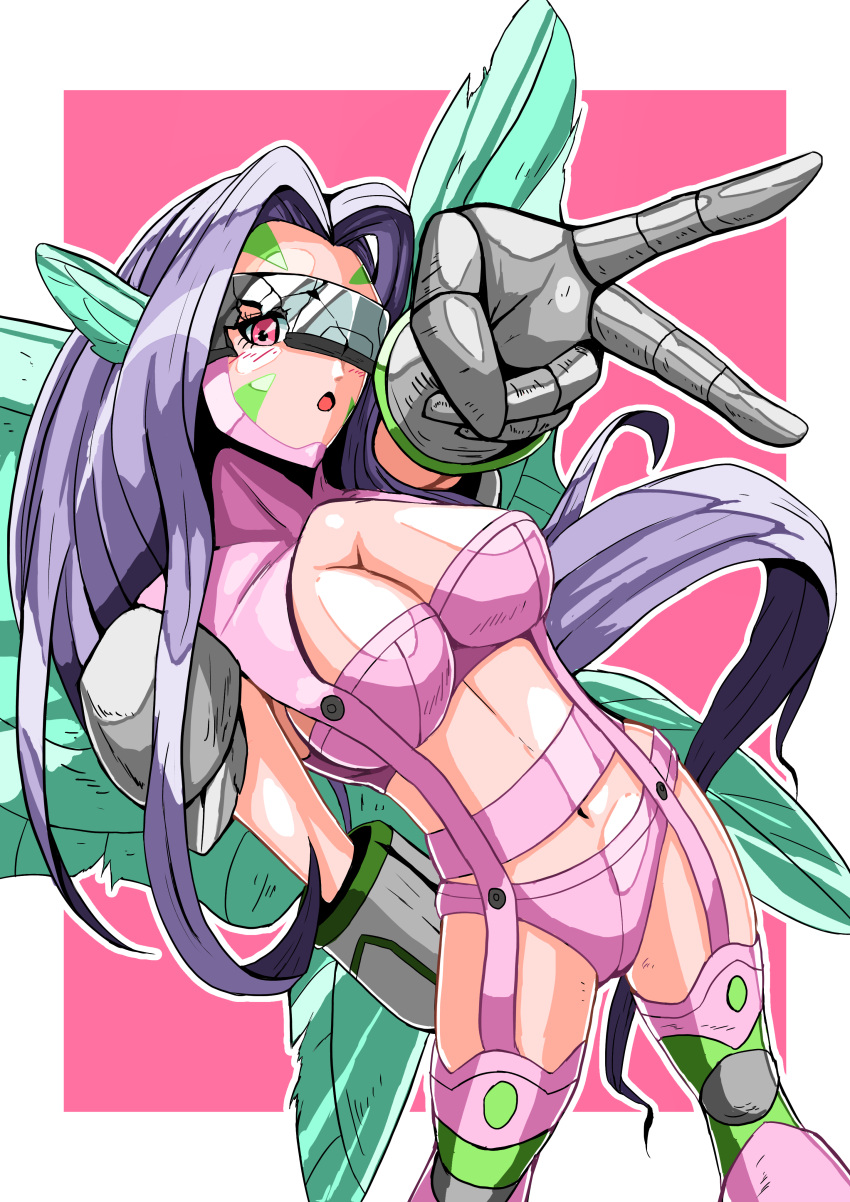 1girl :o absurdres arm_behind_back arm_up belt bikini boots breasts broken_eyewear butterfly_hair_ornament butterfly_wings cleavage commentary_request covered_eyes digimon digimon_(creature) facial_mark fairimon garter_straps gloves grey_gloves gyaru_v hair_ornament hairband head-mounted_display highres insect_wings large_breasts long_hair looking_at_viewer navel open_mouth parted_bangs partial_commentary pink_eyes purple_background purple_belt purple_bikini purple_footwear purple_hair purple_hairband sawa_d shoulder_pads skindentation solo standing stomach swimsuit thigh_boots torn_wings v wings