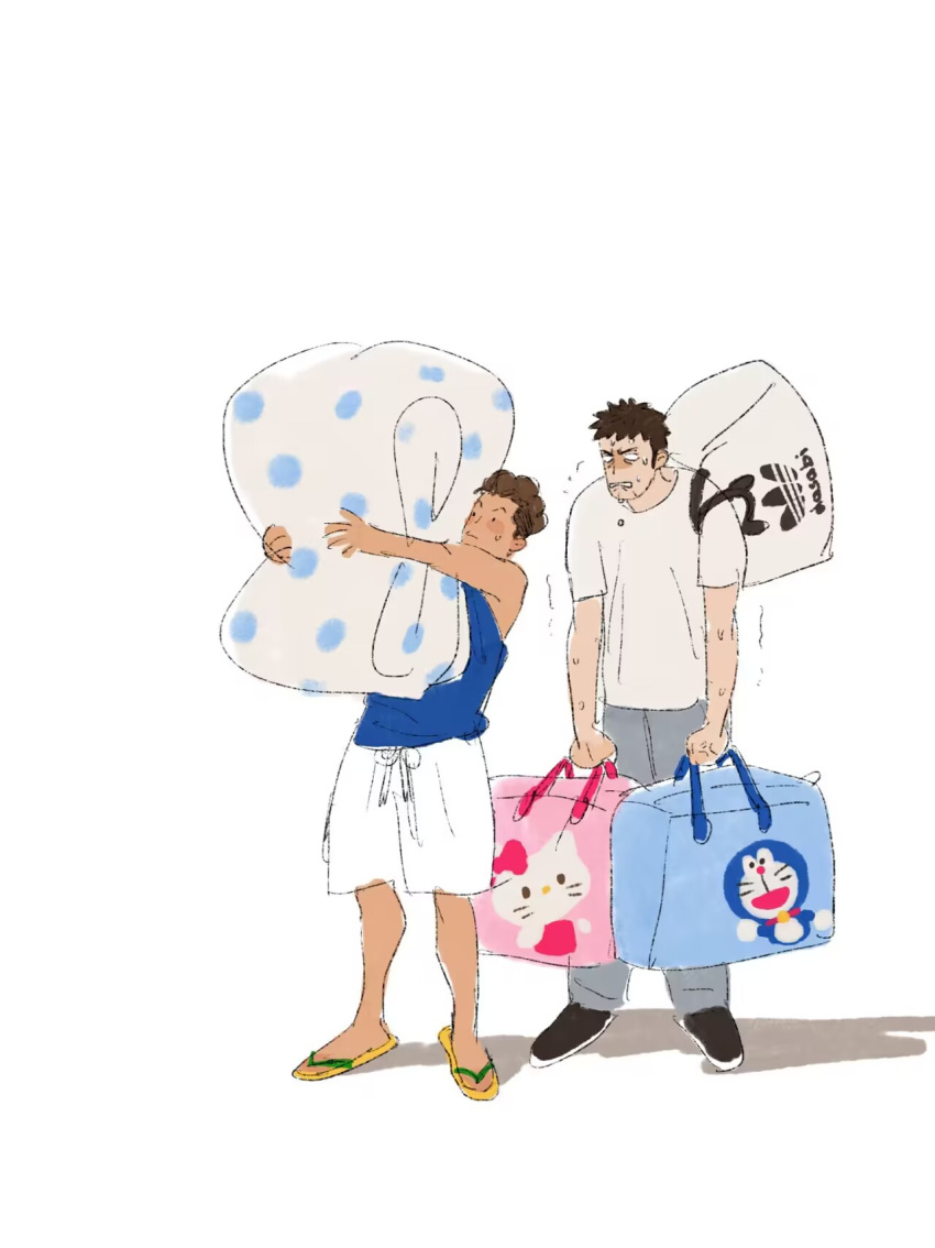 2boys adidas bag blank_eyes blanket blue_tank_top brown_hair character_print character_request chengongzi123 clenched_teeth commentary doraemon_(character) full_body grey_pants hands_up hello_kitty_(character) highres holding holding_bag holding_blanket male_focus multiple_boys pants shirt short_hair short_sleeves shorts simple_background slam_dunk_(series) standing symbol-only_commentary t-shirt tank_top teeth very_short_hair white_background white_shirt white_shorts