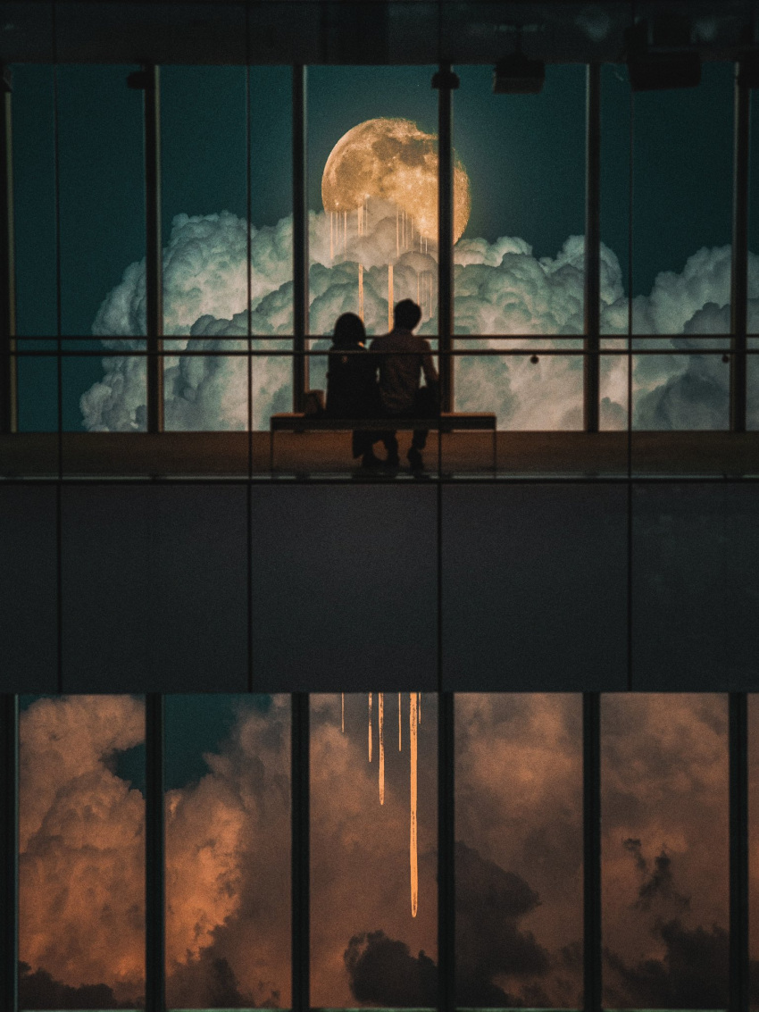 1boy 1girl bag blue_sky cloud commentary_request dripping full_body full_moon highres indoors moon night night_sky omi_kim on_bench original pants reflective_floor shirt shoes short_hair silhouette sitting sky t-shirt wide_shot window