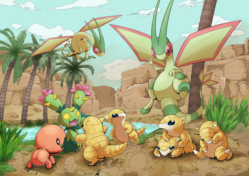 colored_skin desert dragon dust flygon green_skin highres lake maractus nature no_humans oasis outdoors palm_tree pokemon pokemon_(creature) q-chan sand sandshrew trait_connection trapinch tree water wings
