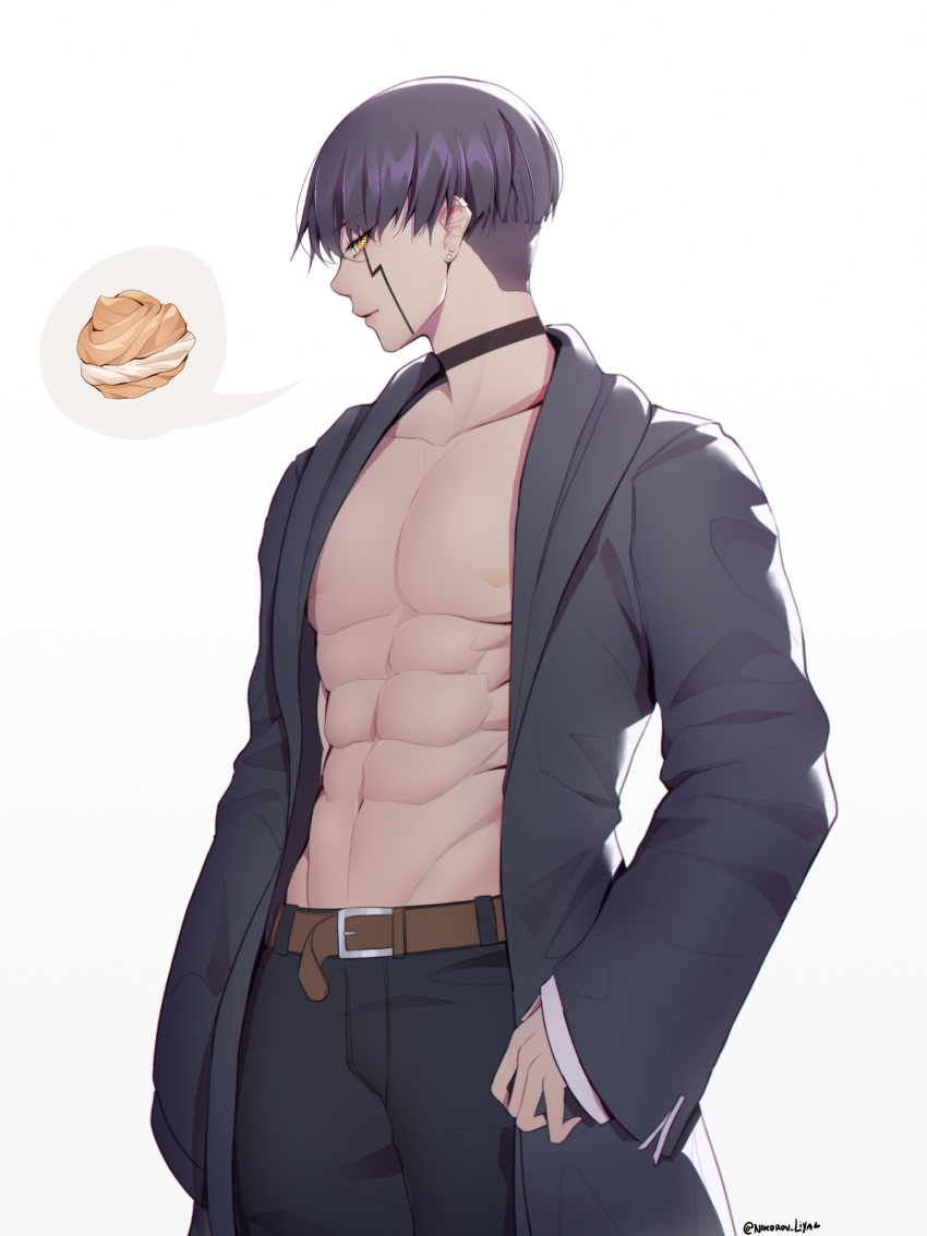 1boy abs absurdres belt black_choker black_hair black_pants brown_belt choker collarbone cowboy_shot cream_puff earrings facial_mark food highres jewelry liya_nikorov long_sleeves looking_to_the_side male_focus mash_burnedead mashle muscular muscular_male no_shirt open_clothes open_robe pants robe shirt short_hair simple_background solo spoken_food yellow_eyes