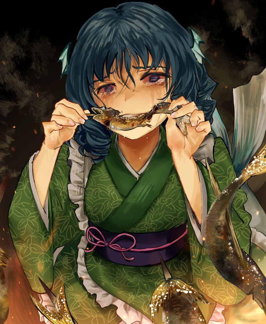 1girl black_background blue_hair cannibalism crying crying_with_eyes_open dashed_eyes drill_hair drill_sidelocks eating fins fish flower_knot food frilled_kimono frills furrowed_brow green_kimono grimace hair_between_eyes head_fins highres holding holding_food japanese_clothes kimono mermaid monster_girl obi obijime sash sidelocks smoke solo tears touhou wakasagihime yukine_0930
