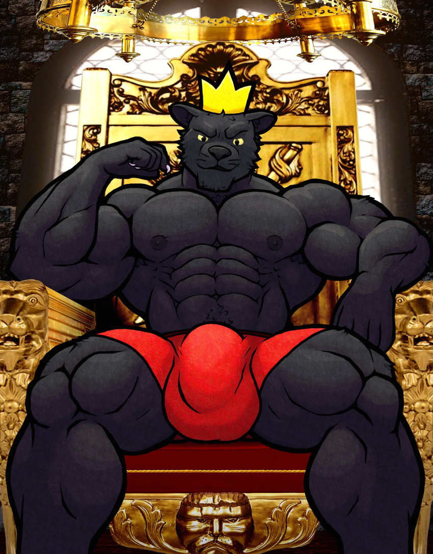 2024 abs absurd_res anthro balls_outline big_bulge black_body black_fur black_nipples black_nose bulge chair clothing crown danny_smoke_in_furry_land detailed_bulge digital_media_(artwork) felid front_view fur furniture genital_outline headgear hi_res king_magnum looking_at_viewer male mammal mcrugermasta muscular muscular_anthro muscular_male nipples pantherine pecs red_clothing red_underwear sitting solo throne underwear yellow_sclera