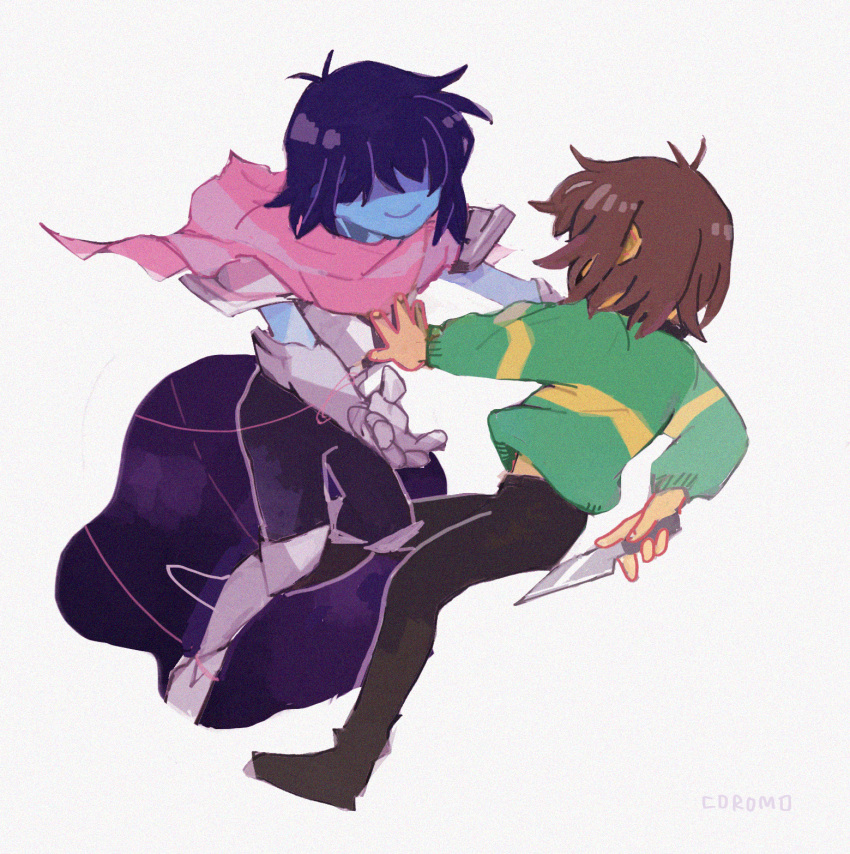 2others androgynous antenna_hair arm_behind_back armor blue_hair blue_skin breastplate brown_hair brown_pants cape colored_skin corogarucoromo covered_eyes deltarune dual_persona from_side full_body gauntlets greaves green_sweater highres holding holding_knife knife kris_(deltarune) multiple_others other_focus outstretched_arm outstretched_arms pants pauldrons pink_cape shaded_face short_hair shoulder_armor simple_background smile sweater white_background