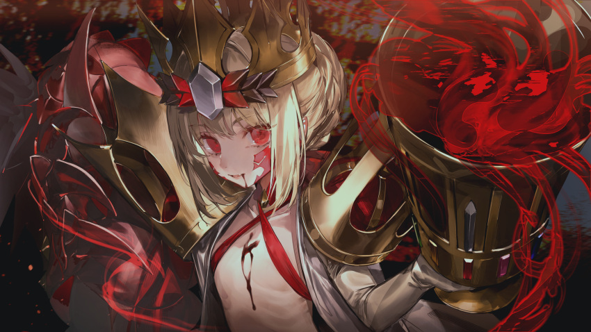 1girl blonde_hair blood blood_on_chest blood_on_face braid chalice crown cup dragon_claw elbow_gloves facial_mark fate/grand_order fate_(series) french_braid gloves hair_bun hair_intakes highres kaerunoko looking_at_viewer nero_claudius_(fate) pointy_ears queen_draco_(fate) queen_draco_(second_ascension)_(fate) red_eyes red_scales robe scales solo upper_body white_gemstone white_gloves white_robe