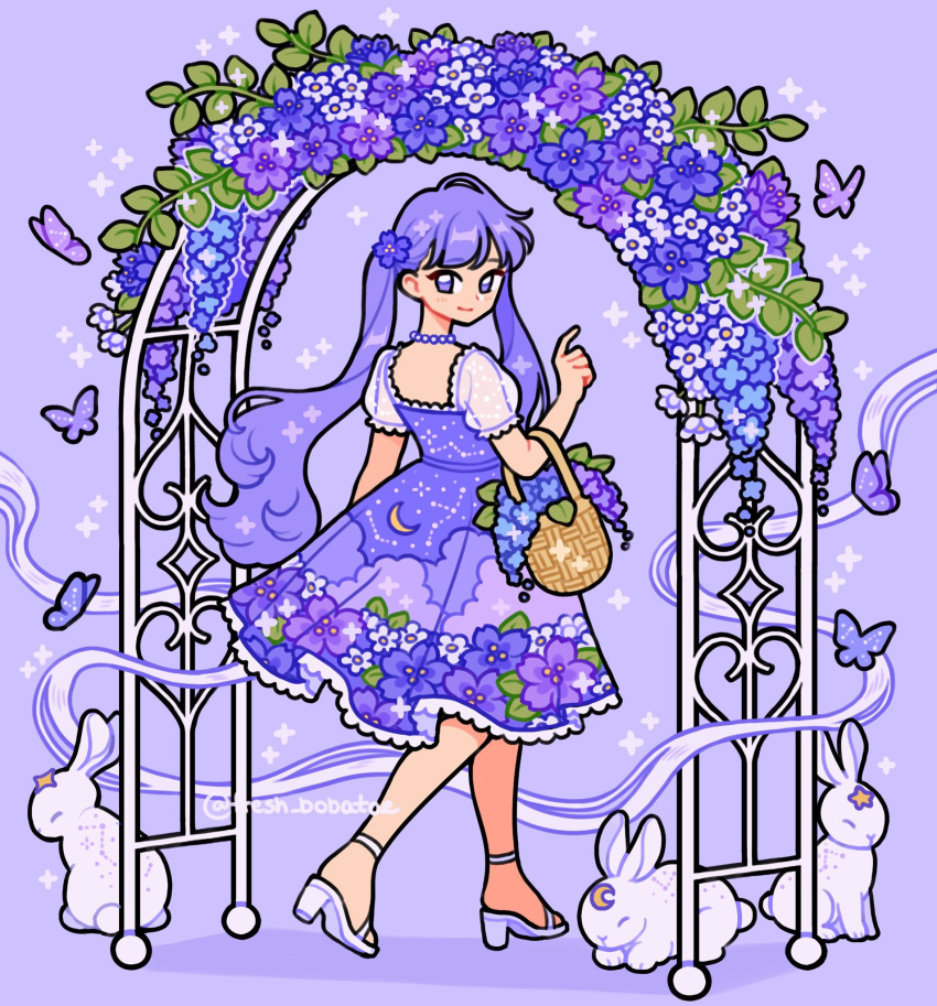 1girl arch basket bug butterfly choker constellation_print crescent crescent_facial_mark dress emily_kim facial_mark floral_arch floral_print floral_print_dress flower forehead_mark from_behind hair_flower hair_ornament highres holding holding_basket monochrome original pastel_colors puffy_short_sleeves puffy_sleeves purple_background purple_butterfly purple_choker purple_dress purple_eyes purple_flower purple_hair rabbit sandals see-through see-through_sleeves short_sleeves simple_background sparkle twintails twitter_username white_footwear white_rabbit_(animal) wisteria