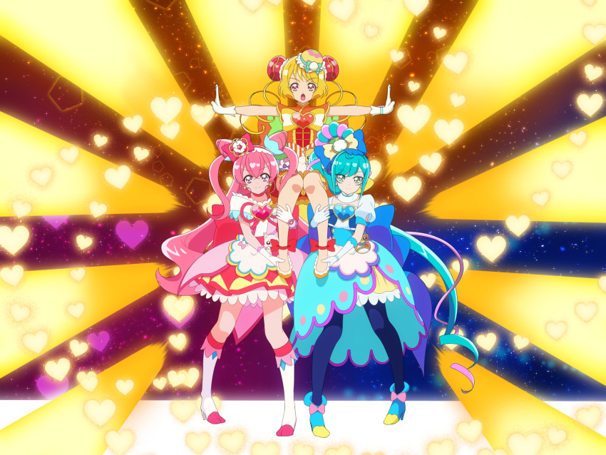 3girls ankle_boots back_bow blonde_hair blue_bow blue_footwear blue_hair blue_pantyhose boots bow brooch bun_cover china_dress chinese_clothes choker closed_mouth commentary cone_hair_bun cure_precious cure_spicy cure_yum-yum delicious_party_precure double_bun dress earrings flats frown fuwa_kokone gloves green_eyes hair_bow hair_bun hanamichi_ran heart heart_brooch highres huge_bow jewelry knee_boots kome-kome_(precure) lifting_person light_rays long_hair looking_at_viewer magical_girl mem-mem_(precure) multiple_girls nagomi_yui on_kazu open_mouth orange_bow orange_dress orange_footwear outstretched_arms pam-pam_(precure) pantyhose pink_dress pink_hair precure puffy_short_sleeves puffy_sleeves purple_eyes red_bow red_choker red_eyes rope short_dress short_hair short_sleeves side_ponytail smile sparkle spread_arms standing triple_bun two_side_up very_long_hair white_footwear white_gloves yellow_bow