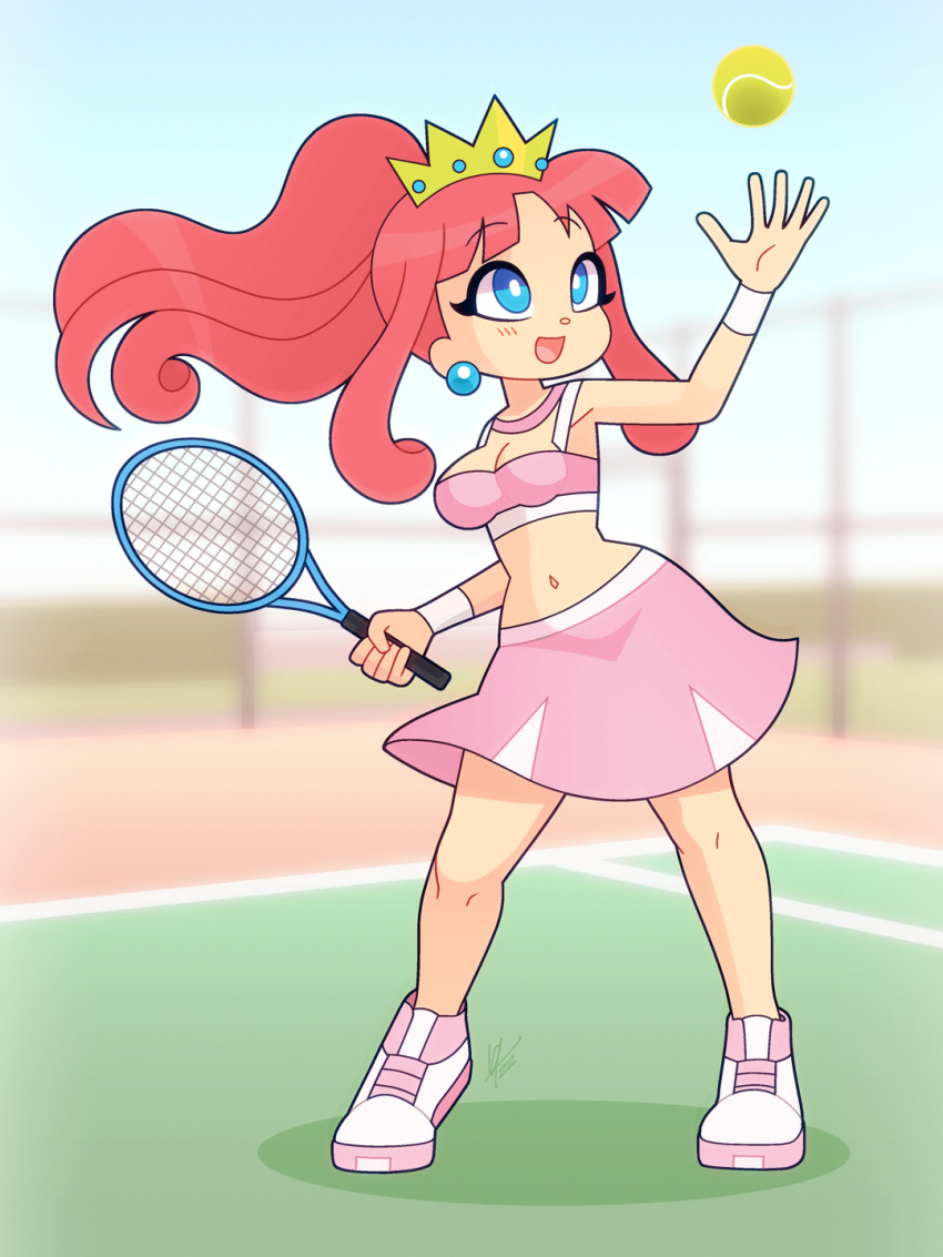 1girl ball crown earrings highres jewelry long_hair louis_lloyd-judson midriff navel open_mouth pink_skirt ponytail princess_shokora racket red_hair signature skirt smile tennis_ball tennis_court tennis_racket wario_land wario_land_4