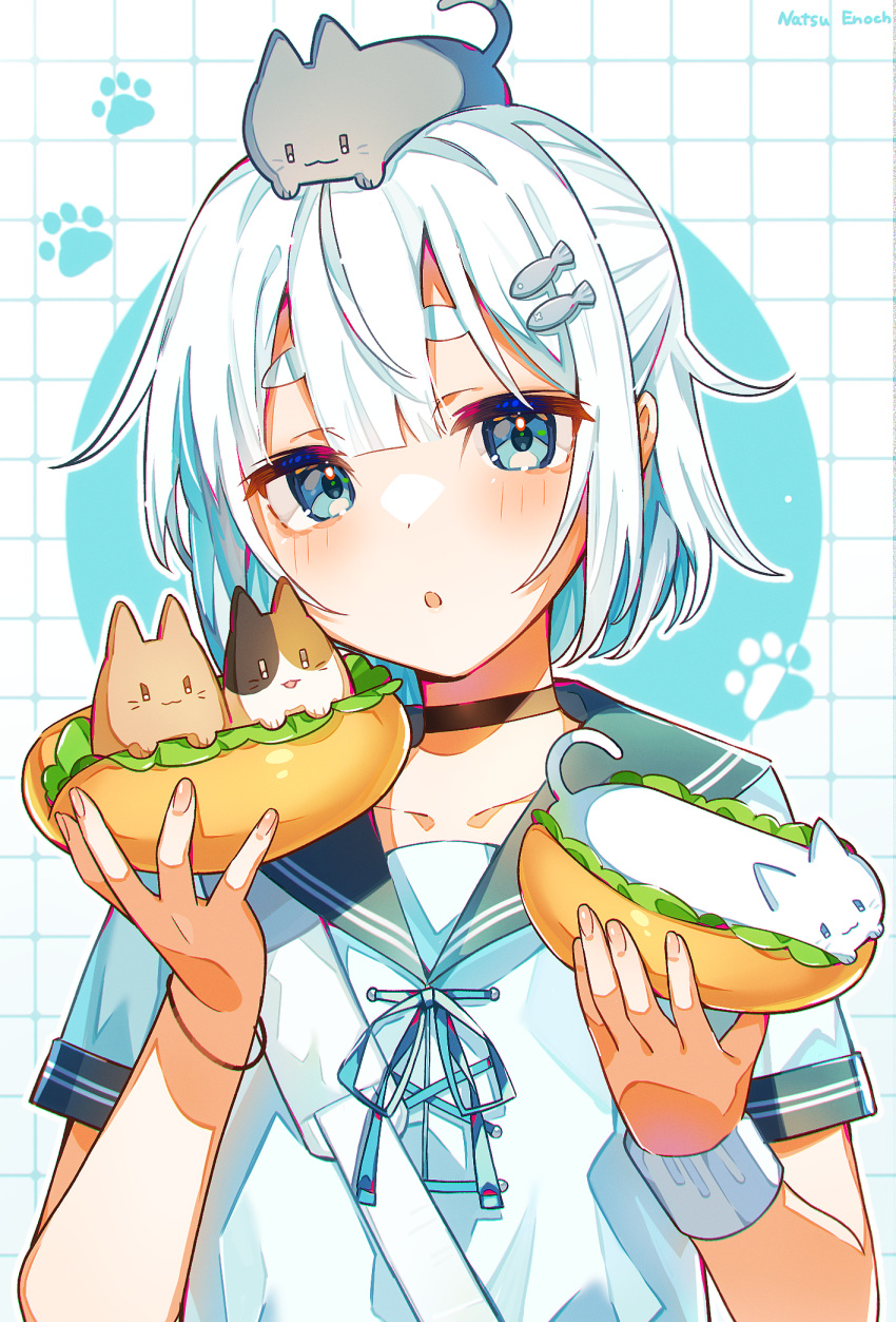 1girl :3 animal animal_on_head artist_name black_choker blue_eyes cat choker commentary english_commentary fingernails fish_hair_ornament food grid_background hair_ornament highres holding holding_food hot_dog hot_dog_bun lettuce looking_at_viewer medium_hair nail_polish natsu_enoch on_head original parted_lips paw_print sailor_collar school_uniform serafuku short_sleeves solo upper_body white_hair wristband