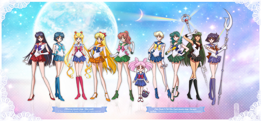 aino_minako back_bow bare_legs bishoujo_senshi_sailor_moon bishoujo_senshi_sailor_moon_crystal black_choker blonde_hair blue_bow blue_choker blue_eyes blue_footwear blue_hair blue_sailor_collar blue_skirt boots bow brown_bow chibi_usa choker commentary deep_aqua_mirror earrings english_commentary garnet_rod gloves green_choker green_footwear green_sailor_collar hair_bow highres hino_rei holding holding_spear holding_staff holding_weapon jewelry kaiou_michiru kino_makoto long_hair luna-p magical_girl meiou_setsuna mizuno_ami multiple_girls official_style orange_choker orange_sailor_collar orange_skirt pink_bow polearm purple_bow purple_footwear purple_sailor_collar red_bow red_choker red_sailor_collar sailor_collar sailor_jupiter sailor_mars sailor_mercury sailor_moon sailor_neptune sailor_pluto sailor_saturn sailor_senshi sailor_senshi_uniform sailor_uranus sailor_venus short_hair silence_glaive skirt smile space_sword spear staff star star_choker strappy_heels ten'ou_haruka tholia tiara tomoe_hotaru tsukino_usagi very_long_hair very_short_hair weapon white_gloves yellow_bow