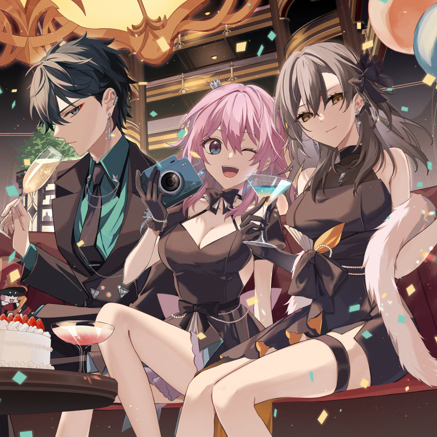 1boy 2girls absurdres bare_shoulders black_bow black_dress black_gloves black_hair black_jacket black_necktie blue_eyes bow breasts cake camera champagne_flute cleavage cocktail_glass commentary_request confetti crown cup dan_heng_(honkai:_star_rail) dress drinking_glass feather_boa feet_out_of_frame food gloves green_shirt grey_eyes grey_hair hatuki_82 highres holding holding_camera holding_cup honkai:_star_rail honkai_(series) indoors jacket looking_at_viewer march_7th_(honkai:_star_rail) medium_breasts mini_crown multiple_girls necktie pink_hair pom-pom_(honkai:_star_rail) shirt short_hair sitting sleeveless sleeveless_dress stelle_(honkai:_star_rail) thigh_strap thighs trailblazer_(honkai:_star_rail) white_background