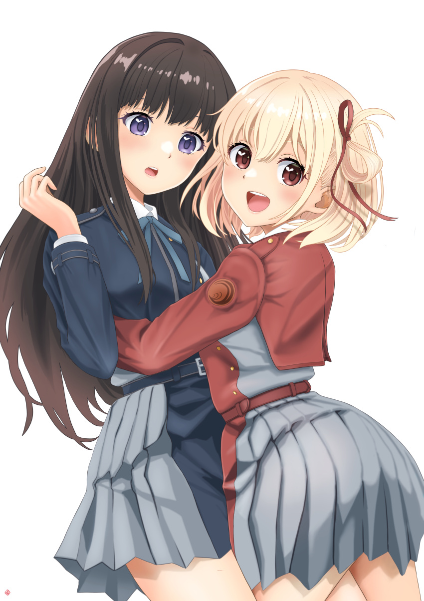 2girls absurdres black_hair blonde_hair blue_dress blue_ribbon blush bob_cut collared_shirt commentary cowboy_shot dress from_side frown grey_dress hair_ribbon highres hug inoue_takina leaning_forward long_hair looking_at_viewer looking_back lycoris_recoil lycoris_uniform multiple_girls nao_suke neck_ribbon nishikigi_chisato open_mouth pleated_dress purple_eyes red_dress red_eyes red_ribbon ribbon shirt simple_background smile standing two-tone_dress white_background white_shirt wing_collar