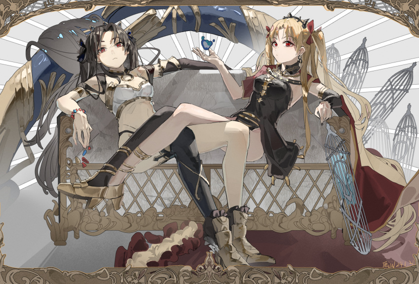 2girls arm_warmers armlet asymmetrical_legwear asymmetrical_sleeves bare_shoulders black_hair blonde_hair bow breasts cloak detached_sleeves dress earrings elbow_gloves ereshkigal_(fate) fate/grand_order fate_(series) feijiu gloves hair_bow hair_ribbon heavenly_boat_maanna highres hoop_earrings infinity_symbol ishtar_(fate) jewelry long_hair medium_breasts multiple_girls neck_ring parted_bangs red_cloak red_eyes red_ribbon ribbon single_arm_warmer single_detached_sleeve single_elbow_glove single_sleeve single_thighhigh smile spine thighhighs tiara two_side_up uneven_legwear uneven_sleeves very_long_hair