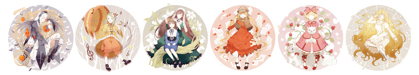 :d absurdres ahoge black_wings blonde_hair blue_eyes bow brown_eyes brown_hair cape closed_eyes drill_hair flower hair_bow hair_ornament hair_ribbon hairband hat heterochromia highres hina_ichigo holding kanaria kirakishou lolita_hairband long_hair long_image looking_at_viewer multiple_girls musical_note nine_(liuyuhao1992) object_hug open_mouth parasol parted_lips pink_bow pipe red_eyes ribbon rose rozen_maiden shinku short_hair smile souseiseki stuffed_animal stuffed_dog stuffed_toy suigintou suiseiseki teddy_bear twin_drills twintails umbrella very_long_hair white_hair wide_image wings