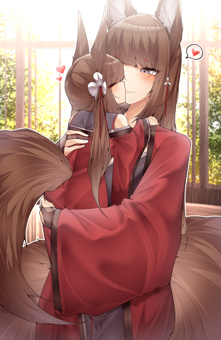 2girls absurdres amagi-chan_(azur_lane) amagi_(azur_lane) animal_ears azur_lane bare_shoulders blush brown_hair carrying carrying_person closed_eyes cowboy_shot cuddling day eyeshadow facing_another flower fox_ears fox_girl fox_tail full_body hair_between_eyes hair_flower hair_ornament hairpin half-closed_eyes hand_on_another's_back hand_on_another's_shoulder heart highres hug indoors japanese_clothes kimono kiss kitsune long_hair long_sleeves looking_at_another makeup multiple_girls multiple_tails off_shoulder purple_eyes red_eyeshadow red_kimono samip slit_pupils smile spoken_heart tail twintails very_long_hair white_flower wide_sleeves