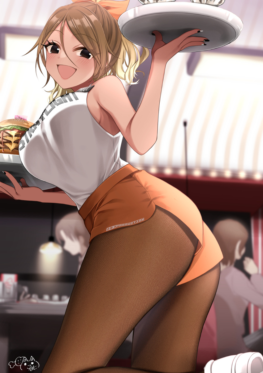 1girl ass blush breasts brown_hair burger commentary_request commission fingernails food hamcheeseand highres holding holding_tray idolmaster idolmaster_shiny_colors izumi_mei large_breasts looking_to_the_side nail_polish orange_pantyhose orange_shorts pantyhose pantyhose_under_shorts people pixiv_commission shirt shirt_tucked_in short_shorts shorts sideboob signature sleeveless sleeveless_shirt smile solo_focus standing standing_on_one_leg tray white_shirt