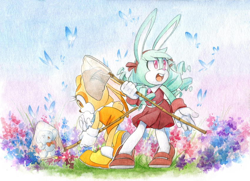 1other 2girls animal_ears anya_the_rabbit blue_butterfly blue_flower blue_fur blue_hair brown_dress brown_eyes brown_footwear brown_fur bug butterfly butterfly_net chao_(sonic) cheese_(sonic) cream_the_rabbit dress finik flower furry furry_female grass hand_net highres holding holding_butterfly_net long_hair mary_janes multiple_girls open_mouth orange_dress orange_footwear original painting_(medium) pantyhose pink_eyes pink_flower purple_flower rabbit_ears rabbit_girl ringlets shoes sleeveless sleeveless_dress sonic_(series) standing teeth traditional_media upper_teeth_only watercolor_(medium) white_pantyhose