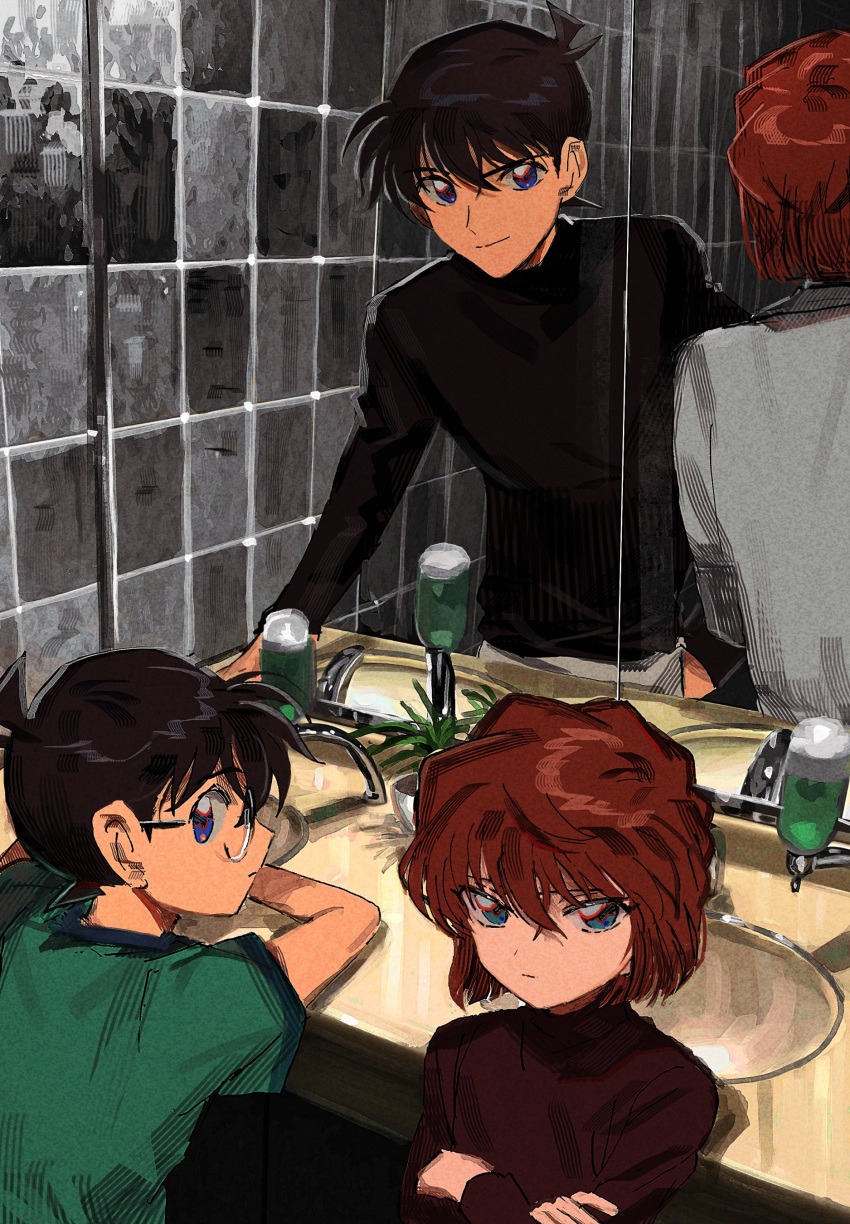 1boy 1girl absurdres aged_up black-framed_eyewear black_hair black_sweater blue_eyes brown_hair brown_sweater child closed_mouth coat crossed_arms different_reflection edogawa_conan glasses green_shirt haibara_ai hair_between_eyes highres indoors kudou_shin'ichi lab_coat long_sleeves looking_at_viewer meitantei_conan mirror miyano_shiho profile reflection segami shirt short_hair short_sleeves smile sweater turtleneck turtleneck_sweater white_coat