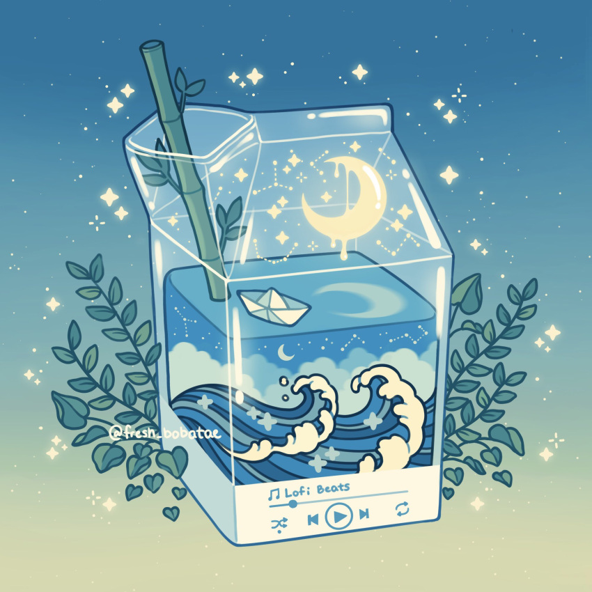 bamboo blue_background constellation crescent_moon digital_media_player emily_kim english_text gradient_background highres leaf moon no_humans original paper_boat simple_background sparkle twitter_username waves