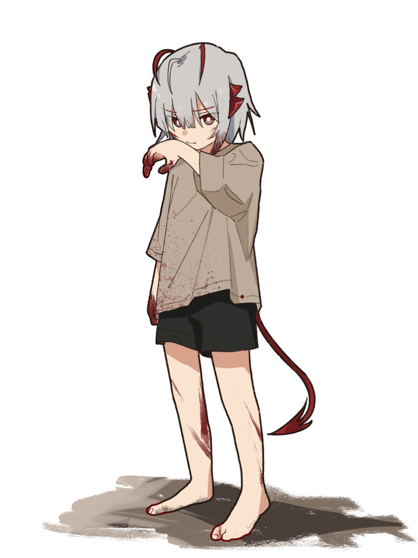 1girl arknights barefoot black_shorts blood blood_on_feet blood_on_hands brown_shirt closed_mouth commentary_request full_body grey_hair hair_between_eyes hand_up highres long_sleeves pe3075 red_eyes shirt shorts simple_background solo standing tail w_(arknights) white_background wide_sleeves