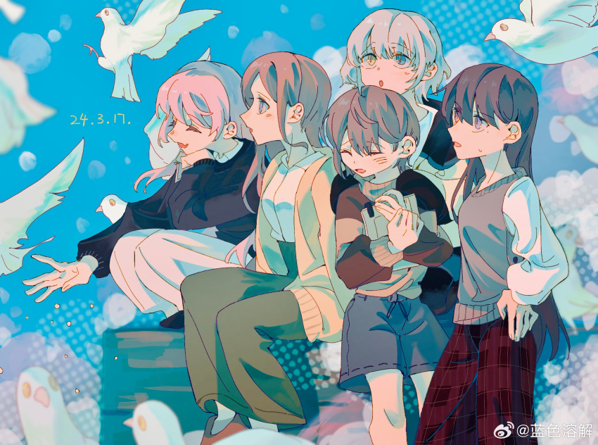 5girls bang_dream! bang_dream!_it's_mygo!!!!! bird black_hair black_sweater blue_eyes blush brown_cardigan brown_hair cardigan chihaya_anon chinese_commentary closed_eyes collared_shirt commentary_request dated dress_shirt fang floating_hair green_skirt grey_hair grey_sweater_vest hair_between_eyes hand_on_own_hip head_rest heterochromia highres kaname_raana lanserongjie long_hair long_sleeves mole mole_under_eye multiple_girls mygo!!!!!_(bang_dream!) nagasaki_soyo open_cardigan open_clothes open_mouth pink_hair purple_eyes red_skirt shiina_taki shirt short_hair sitting skin_fang skirt socks squatting sweatdrop sweater sweater_vest takamatsu_tomori teeth upper_teeth_only white_hair white_shirt white_socks yellow_eyes