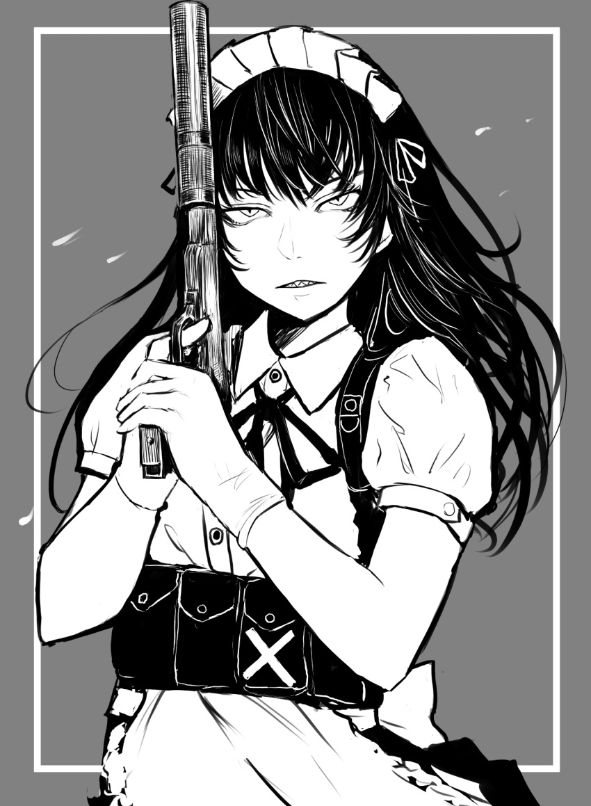 1girl apron clenched_teeth disorder! gloves grey_background greyscale gun highres holding holding_gun holding_weapon long_hair maid_headdress monochrome original pouch puffy_short_sleeves puffy_sleeves sharp_teeth short_sleeves solo suppressor teeth upper_body waist_apron weapon