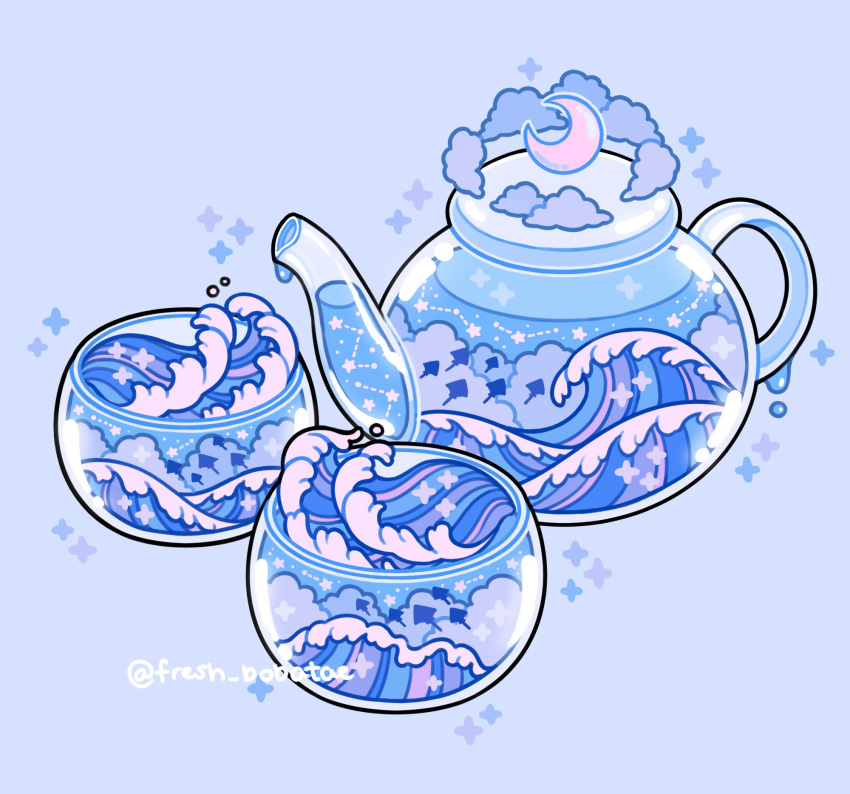 blue_background blue_clouds blue_theme cloud constellation crescent_moon cup emily_kim highres manta_ray monochrome moon no_humans ocean original pastel_colors simple_background sparkle teapot twitter_username waves