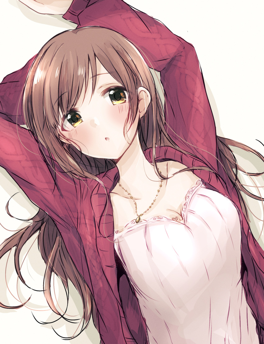 1girl :o arm_behind_back arms_up baran._(ba_ra_ran) blush breasts brown_hair camisole cardigan cleavage collarbone hair_down highres idolmaster idolmaster_cinderella_girls igarashi_kyoko jewelry large_breasts long_hair looking_at_viewer lying necklace on_back open_mouth red_cardigan shadow simple_background solo swept_bangs white_background white_camisole yellow_eyes