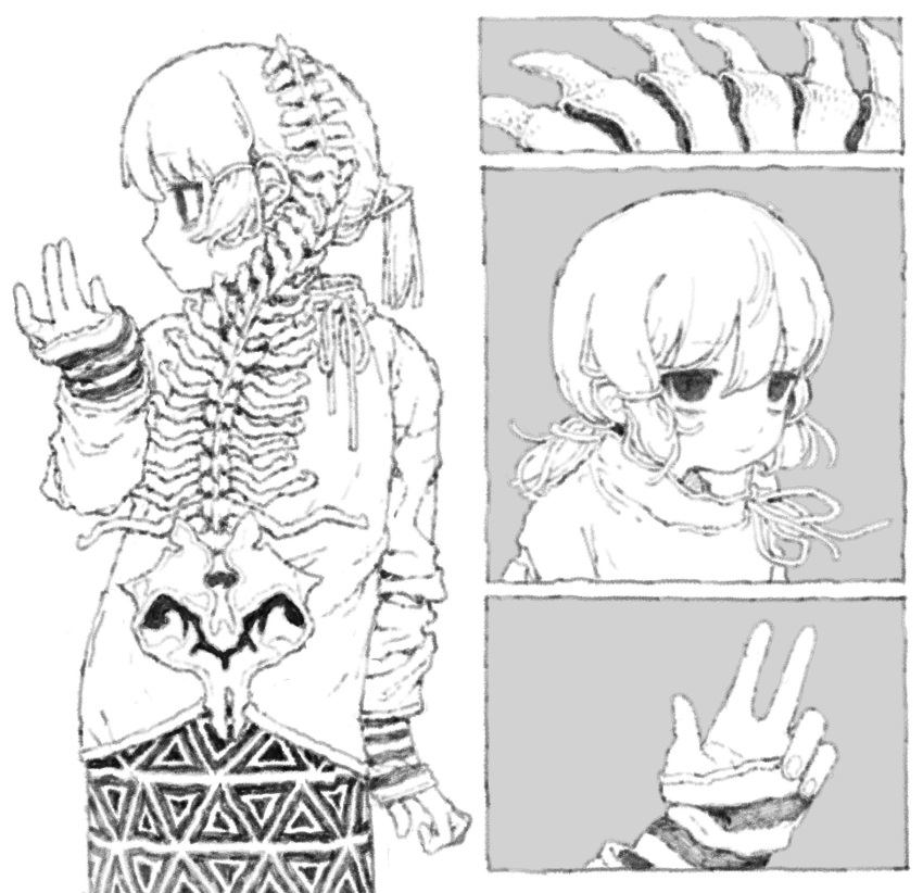 1girl arm_at_side aromemi bags_under_eyes blurry bone closed_mouth contrapposto expressionless greyscale half-closed_eyes hand_up highres jacket long_hair long_sleeves looking_at_viewer looking_to_the_side low_twintails monochrome multiple_views original pinching_sleeves print_skirt profile short_twintails simple_background skirt spine standing striped_sleeves tied_drawstring triangle_print twintails w