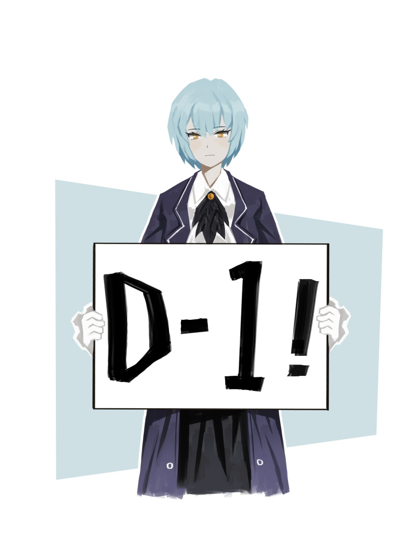 1girl absurdres angela_(project_moon) black_skirt blue_coat blue_hair closed_mouth coat collared_shirt countdown frilled_sleeves frills gloves highres holding holding_sign library_of_ruina light_smile long_sleeves looking_at_viewer nai_ga official_art project_moon shirt short_hair sign skirt smile solo white_gloves white_shirt
