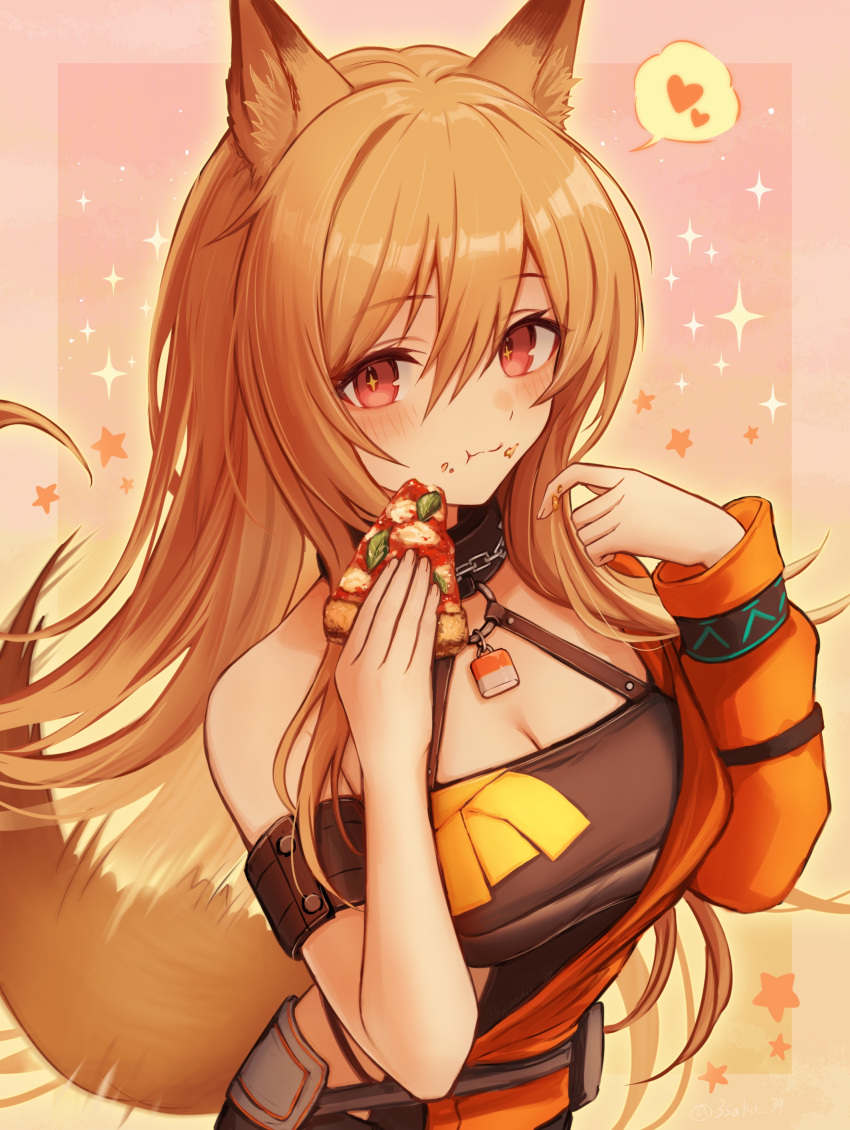 +_+ 1girl 3_(sanyako1) absurdres animal_ears arknights arm_strap asymmetrical_clothes asymmetrical_sleeves black_collar breasts ceobe_(arknights) ceobe_(summer_flowers)_(arknights) cleavage collar commentary_request cross-shaped_pupils dog_ears dog_girl dog_tail eating food food_in_mouth food_on_face hair_between_eyes heart highres holding holding_food holding_pizza jacket lock long_hair long_sleeves looking_at_viewer official_alternate_costume orange_hair orange_jacket padlock padlocked_collar pizza pizza_slice red_eyes single_bare_shoulder solo sparkling_eyes spoken_heart symbol-shaped_pupils tail upper_body