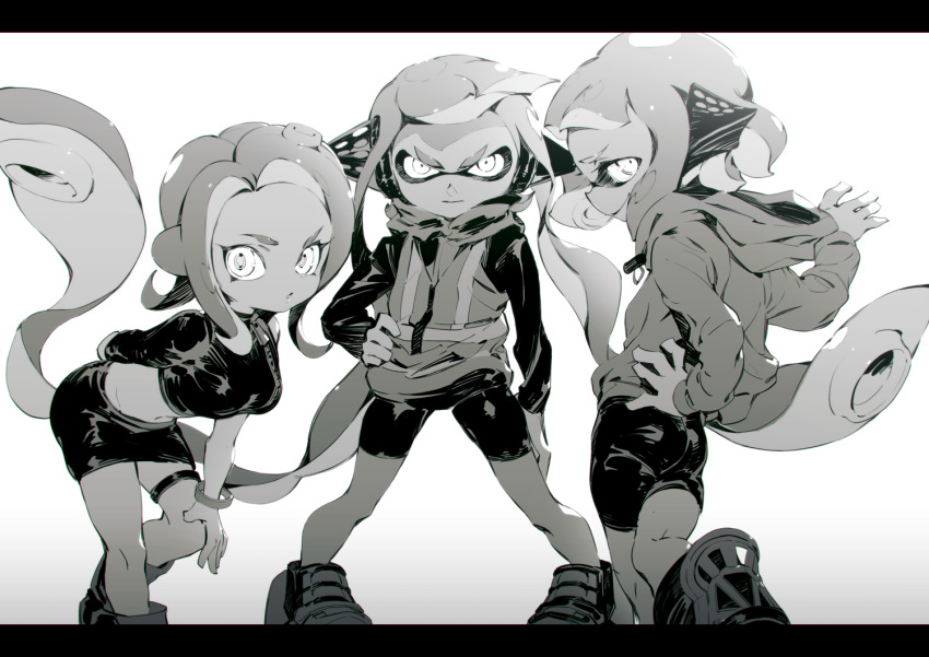 3girls agent_3_(splatoon) agent_4_(splatoon) agent_8_(splatoon) arm_at_side boots breasts commentary_request crop_top floating_hair from_behind greyscale hand_on_own_hip hand_on_own_knee headphones high-visibility_vest hood hood_down hooded_jacket inkling_girl inkling_player_character jacket leaning_forward letterboxed long_hair looking_at_viewer looking_back medium_hair midriff miniskirt monochrome multiple_girls navel octoling_girl octoling_player_character parted_lips pencil_skirt serious shorts sideways_mouth single_bare_shoulder single_sleeve skirt smile splatoon_(series) splatoon_2 squidbeak_splatoon suction_cups tentacle_hair thigh_strap v-shaped_eyebrows very_long_hair wadanaka white_background wristband zipper zipper_pull_tab