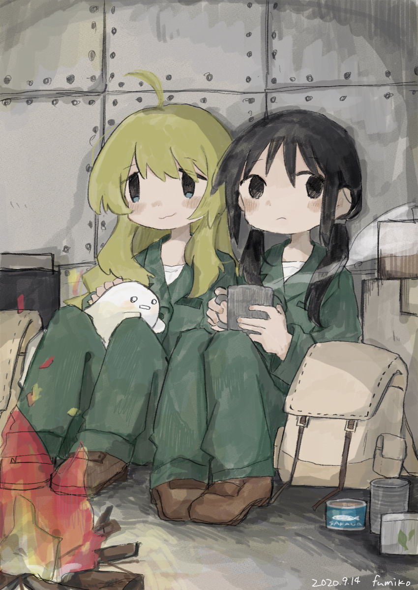 156m 2girls :3 against_wall ahoge backpack bag black_eyes black_hair blonde_hair blue_eyes blush brown_footwear campfire can canned_food chito_(shoujo_shuumatsu_ryokou) closed_mouth concrete creature creature_on_lap cup dated fire frown full_body green_jacket green_pants hair_over_shoulder highres holding holding_cup hot_drink jacket knees_up long_hair long_sleeves looking_at_viewer low_twintails mug multiple_girls no_sclera nuko_(shoujo_shuumatsu_ryokou) pants shirt shoes shoujo_shuumatsu_ryokou signature sitting smile steam twintails unworn_bag white_shirt yuuri_(shoujo_shuumatsu_ryokou)