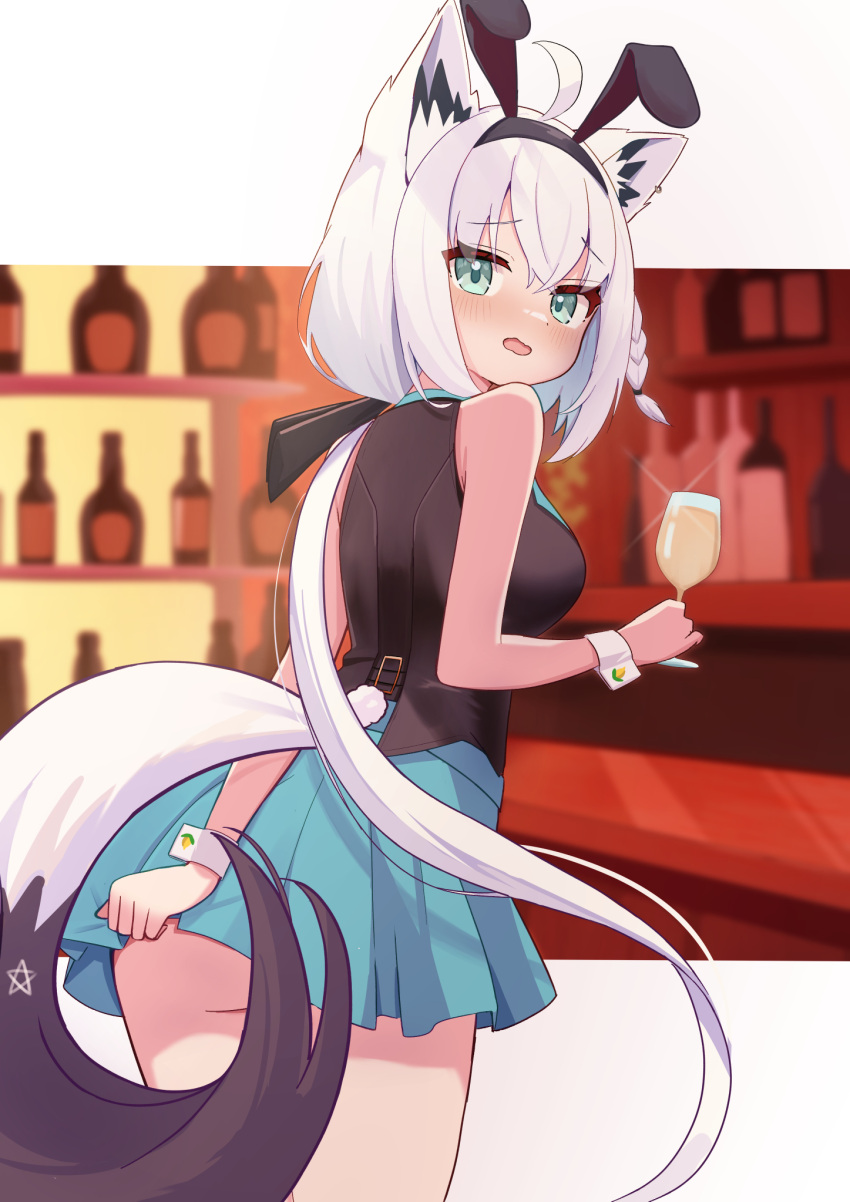 1girl ahoge animal_ear_fluff animal_ears black_bow blue_skirt blush bow braid breasts bunny_garden commentary_request cup drinking_glass earrings fake_animal_ears fox_ears fox_girl fox_tail green_eyes hair_between_eyes hair_bow highres holding holding_cup hololive jewelry long_hair looking_at_viewer looking_back medium_breasts open_mouth parijennu222 pentagram rabbit_ears shirakami_fubuki sidelocks single_braid skirt solo tail virtual_youtuber white_hair wine_glass wrist_cuffs