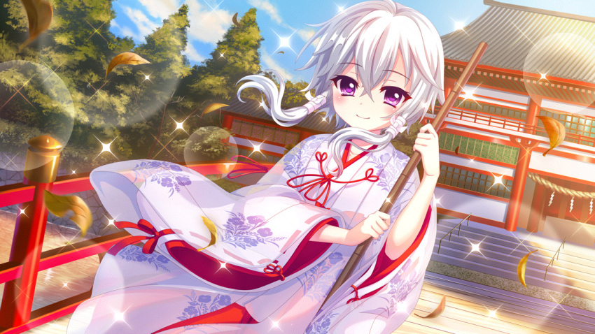1girl architecture blue_sky bridge broom closed_mouth day dot_nose east_asian_architecture film_grain floral_print floral_print_kimono game_cg holding holding_broom ichijou_ruka izumi_tsubasu japanese_clothes kimono leaf lens_flare looking_at_viewer non-web_source official_art outdoors print_kimono purple_eyes re:stage! river short_hair_with_long_locks sky smile solo sparkle stairs tree white_hair white_kimono wind