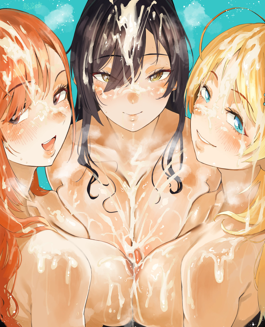 3girls absurdres after_ejaculation ahoge arisugawa_natsuha asymmetrical_docking black_hair blonde_hair blue_eyes breast_press breasts brown_eyes bukkake commentary_request completely_nude cum cum_on_body cum_on_hair facial hachimiya_meguru heavy_breathing hero_neisan highres idolmaster idolmaster_shiny_colors large_breasts long_hair looking_at_viewer multiple_girls nipple-to-nipple nude orange_hair ponytail shirase_sakuya smile sweat yellow_eyes