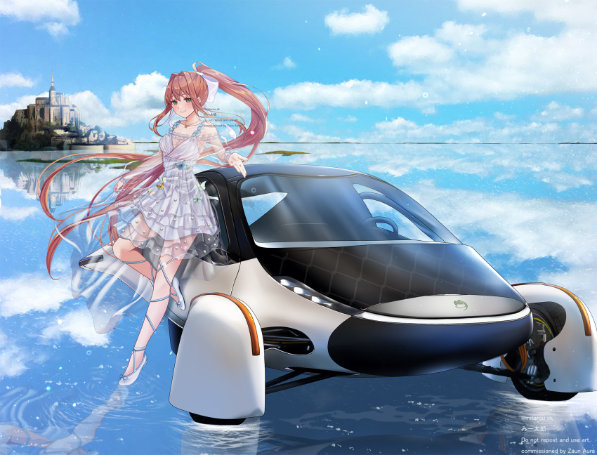 1girl alternate_costume blue_sky brown_hair car castle cloud commission doki_doki_literature_club dress green_eyes highres lake looking_at_viewer mi_tarou0412 monika_(doki_doki_literature_club) motor_vehicle pixiv_commission ponytail reflection reflective_water sky smile solo water white_dress