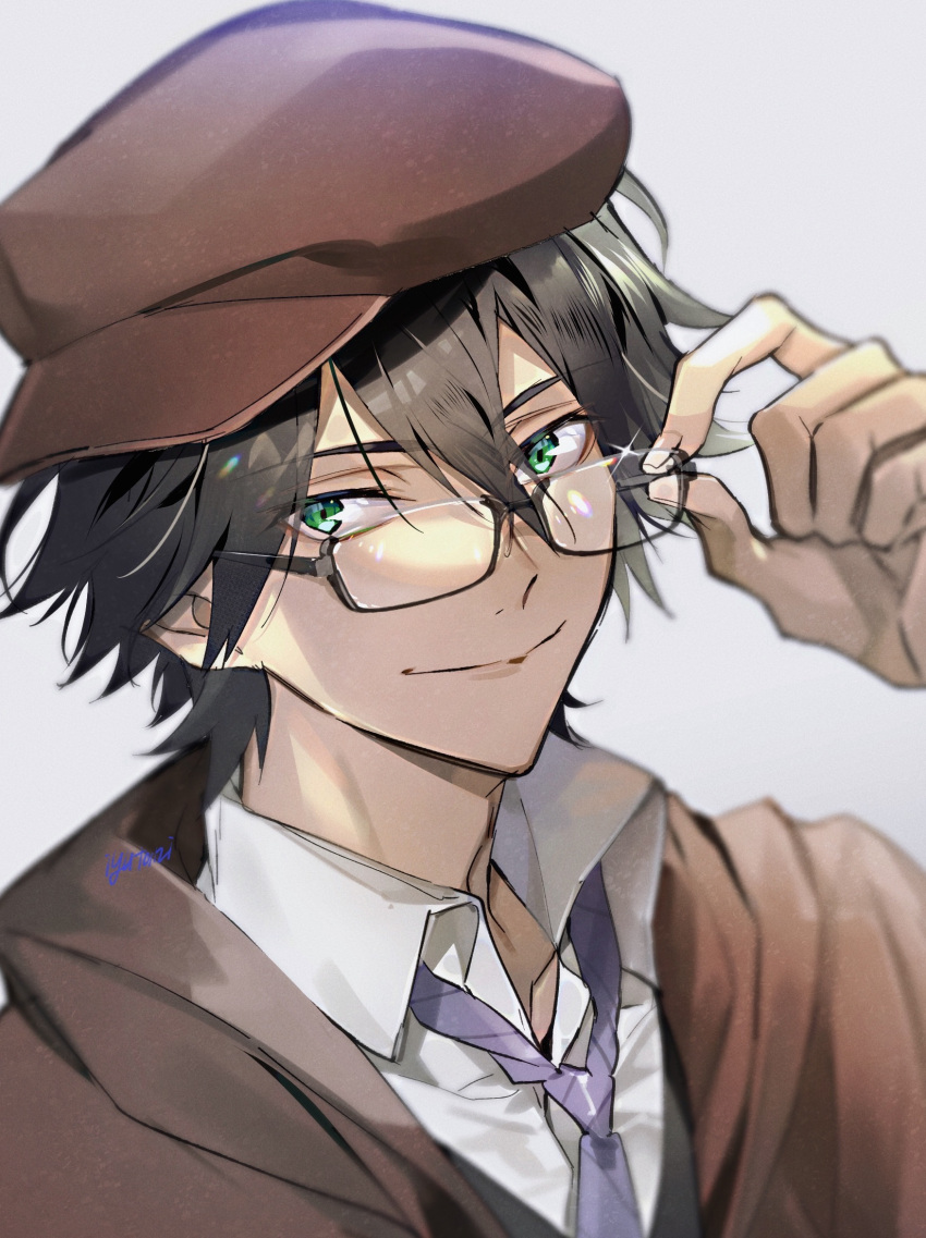 1boy adjusting_eyewear black_hair brown_hat brown_jacket bungou_stray_dogs closed_mouth collared_shirt commentary_request edogawa_ranpo_(bungou_stray_dogs) glasses green_eyes grey_background hair_between_eyes hand_on_eyewear hand_up hat highres iyutani jacket looking_at_viewer male_focus necktie partial_commentary purple_necktie shirt short_hair signature simple_background smile solo upper_body white_shirt