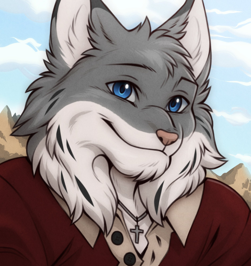 1boy aluminemsiren_(orion) blue_eyes blue_sky cloud cloudy_sky cross_pendant echo_(visual_novel) echo_project furry furry_male highres jewelry looking_at_viewer male_focus mountainous_horizon necklace red_shirt shirt sky smile tj_hess upper_body