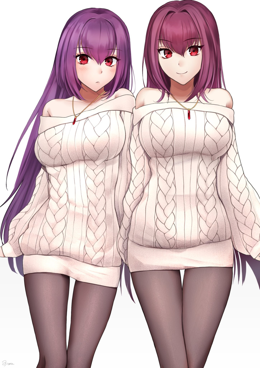 2girls bare_shoulders blush breasts brown_pantyhose fate/grand_order fate_(series) fufufu_hehehe highres jewelry large_breasts long_hair long_sleeves looking_at_viewer multiple_girls necklace pantyhose purple_hair red_eyes scathach_(fate) scathach_skadi_(fate) smile sweater thighs white_sweater