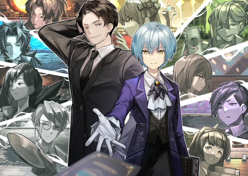 5boys 6+girls angela_(project_moon) arm_up binah_(project_moon) black_hair black_jacket black_necktie black_skirt black_vest blue_coat blue_hair chesed_(project_moon) closed_mouth coat collared_shirt gebura_(project_moon) gloves hod_(project_moon) hokma_(project_moon) holding holding_mask jacket leaf_print library_of_ruina long_hair long_skirt low_ponytail malkuth_(project_moon) mask multiple_boys multiple_girls necktie netzach_(project_moon) nyagaichi one_eye_closed project_moon reaching reaching_towards_viewer roland_(project_moon) shirt short_hair skirt smile tiphereth_a_(project_moon) vest white_gloves white_shirt yesod_(project_moon)